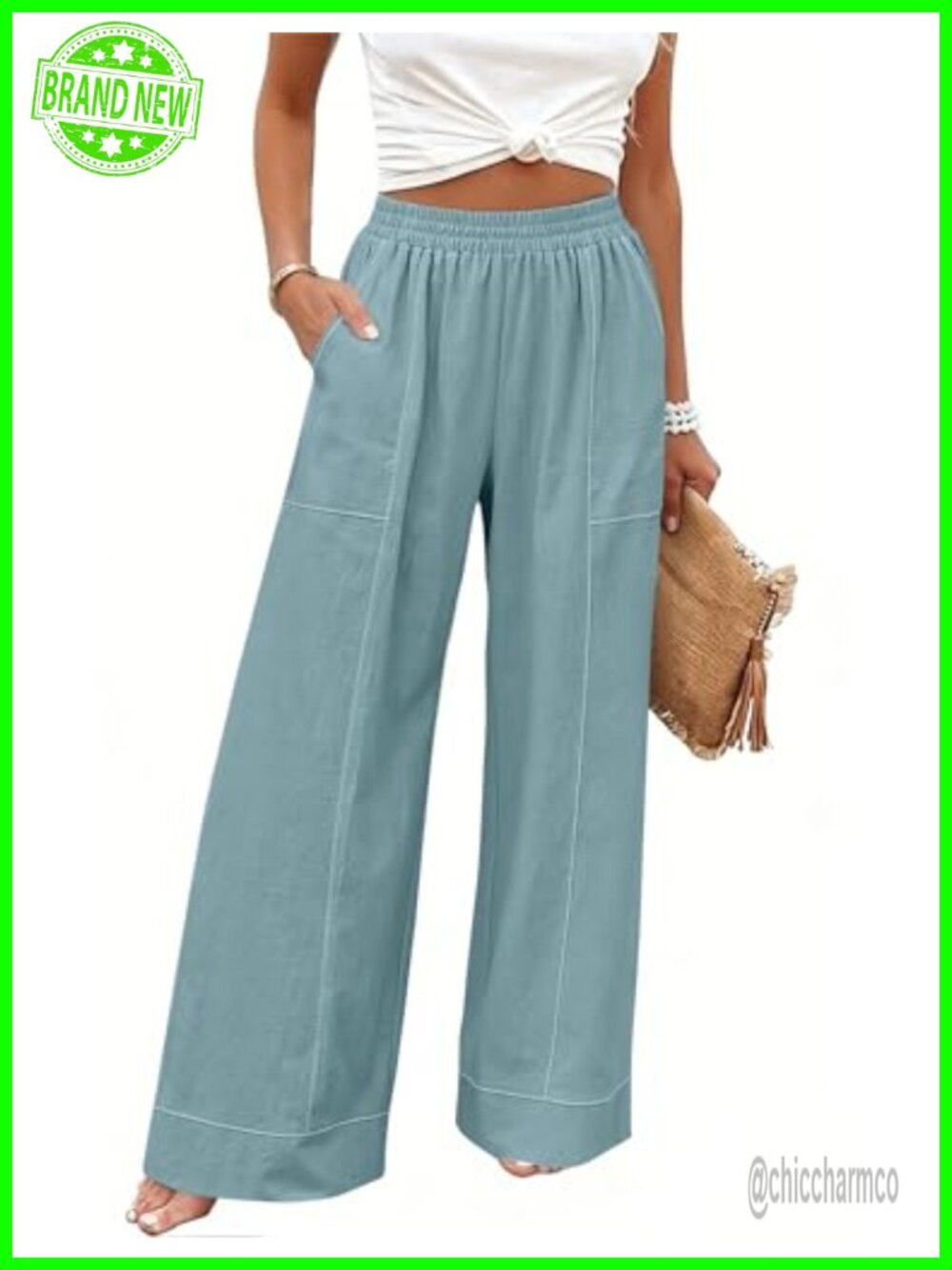 Rapbin Women's Elastic Waist Wide Leg Palazzo Pants with Pockets